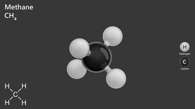 Methane. Animated 3D model of a molecule. Molecular formula: CH4. Chemical model: Ball and stick. Greenhouse gas. Gray background. 3D rendering. Seamless loop.