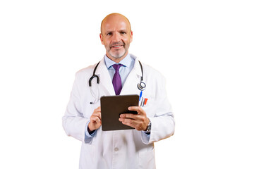 A confident doctor holding a tablet.
