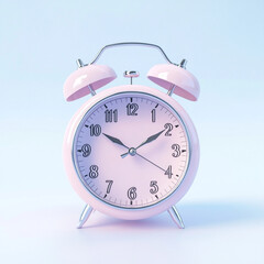 charming pink alarm clock with classic design, featuring white face and black numbers, set against soft blue background. This delightful timepiece adds touch of nostalgia and whimsy to any space