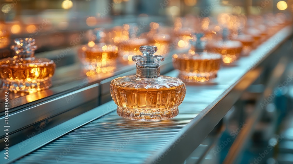 Poster a close-up shot of a row of perfume bottles on a display stand. the bottles are clear glass with a g