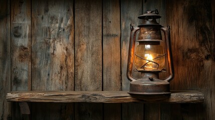 Old-fashioned lantern on a wooden shelf, no people, with open space for text