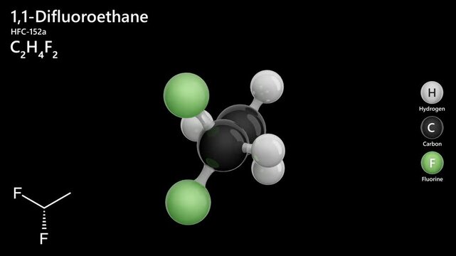 1,1-Difluoroethane or HFC-152a. Animated 3D model of a molecule. Molecular formula: C2H4F2. Chemical model: Ball and stick. Greenhouse gas. Black background. 3D rendering. Seamless loop.