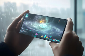 A person holds a smartphone displaying a vibrant, hyper-detailed cosmic scene with visual data amidst a rainy window background