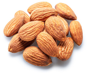 Group of shelled almond nuts on white background, top view. File contains clipping paths.
