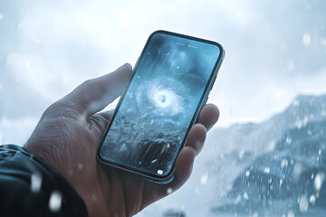 A person holding a smartphone displaying a swirling vortex while snow falls in the background, creating a dramatic and surreal atmosphere