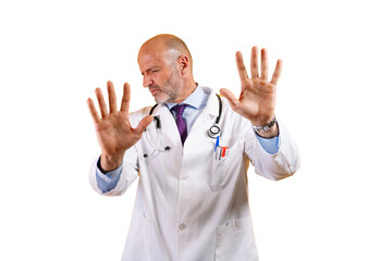 A doctor in a white coat showing the palm of his hands.