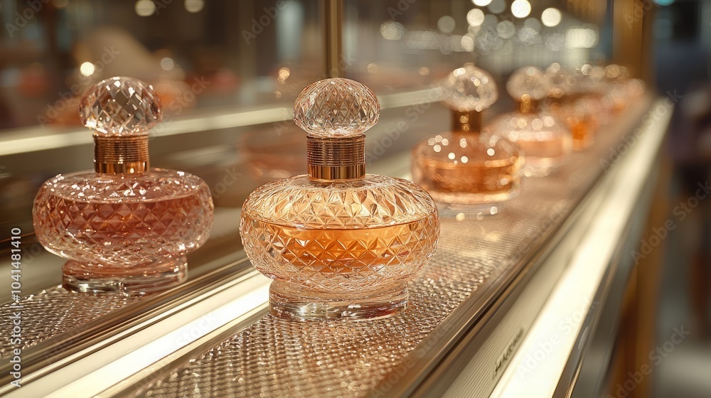 Poster close-up of a row of glass perfume bottles with intricate details. the bottles are arranged on a dis