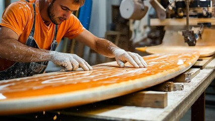 A craftsman carefully smooths the surface of a surfboard with his hands - Powered by Adobe