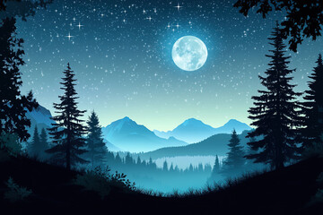 Peaceful Night with a Bright Full Moon over Forested Mountains