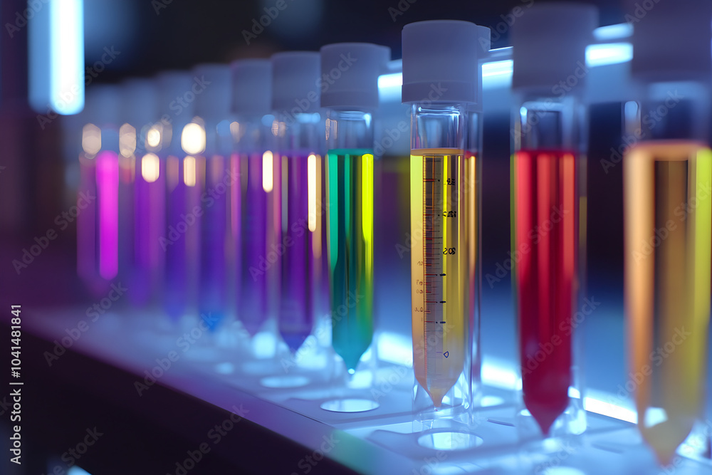 Aufkleber colorful test tubes reflect light in a laboratory setting, showcasing a vibrant spectrum of liquids 
