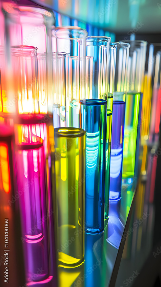 Poster colorful test tubes reflect light in a laboratory creating a vibrant spectrum of colors and a captiv