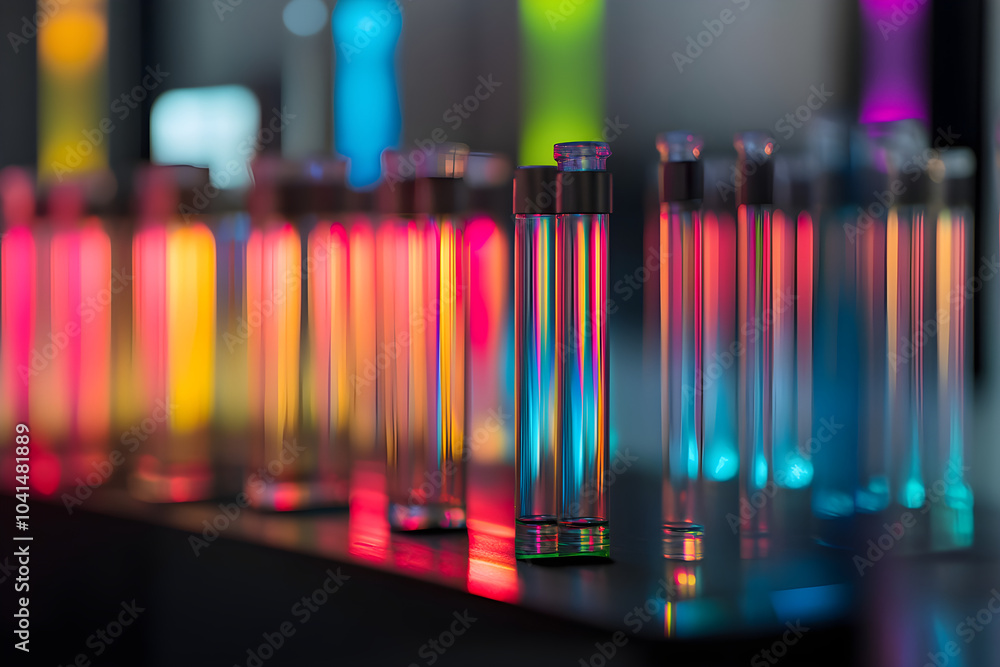 Poster colorful test tubes reflect light in a laboratory, creating a visually striking display of vibrant c