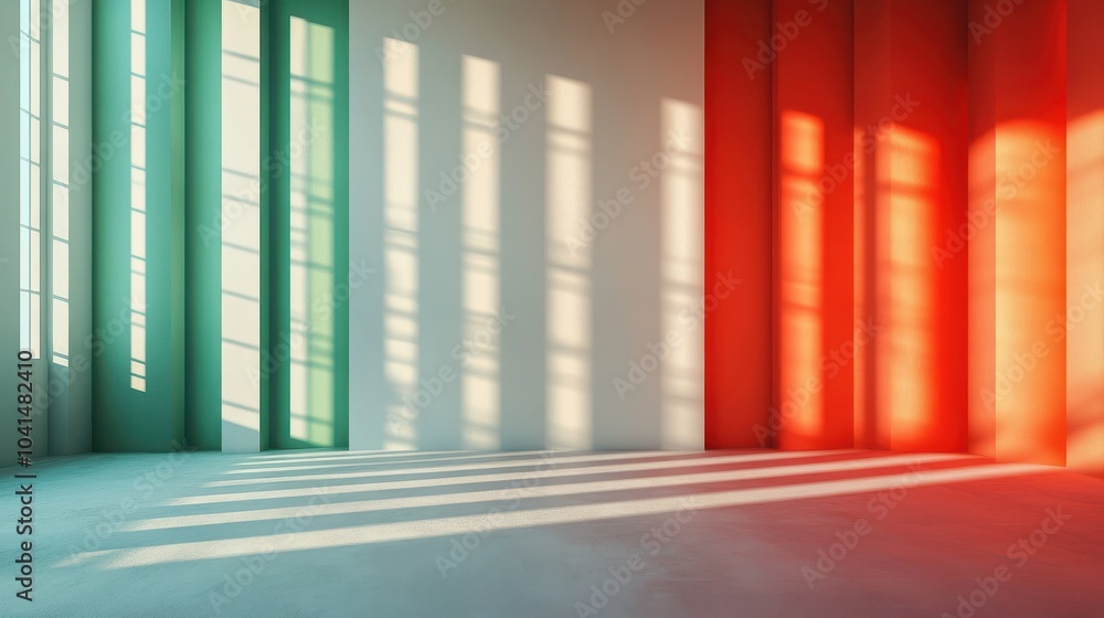 Poster minimalist interior with red and green stripes and sunlight streaming through windows creating geome