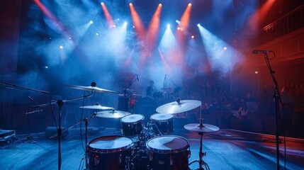 Concert stage with red and blue lights, smoke, drum set, and microphones set the scene for performers. Audience eagerly awaits the show to start.