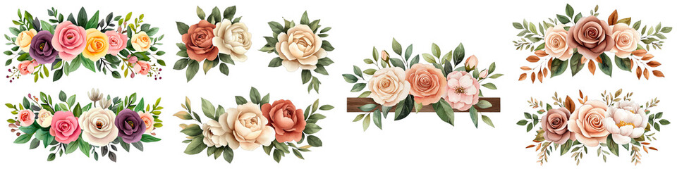 A collection of beautiful floral arrangements featuring various roses and foliage on a black background, perfect for digital designs and decorations.