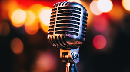 Microphone set against a bokeh background emphasizing the atmosphere of podcast recording in a studio environment