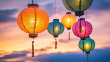 Colorful paper lanterns ascend into the dusk sky representing aspirations and positivity during a joyful celebration