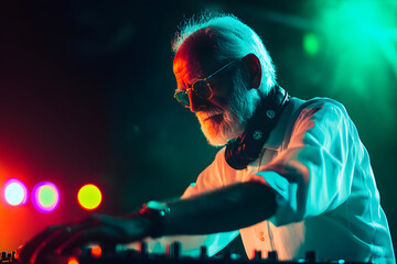 Fototapeta premium A senior male DJ mixes music with focus and passion, surrounded by vibrant lights and a lively atmosphere