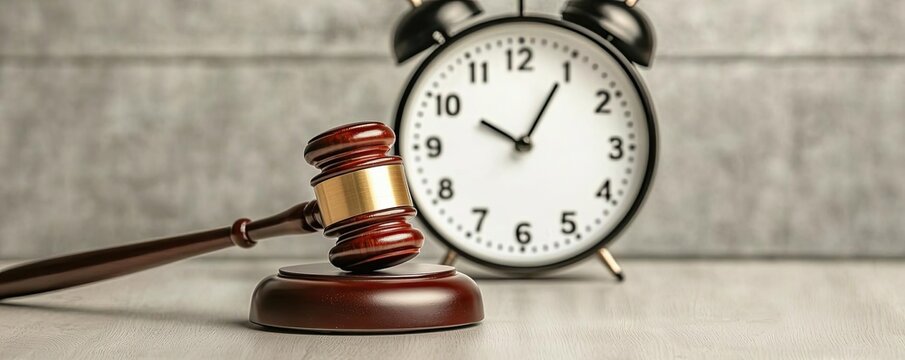 Gavel and alarm clock on a textured background, symbolizing the concept of time management in legal proceedings.