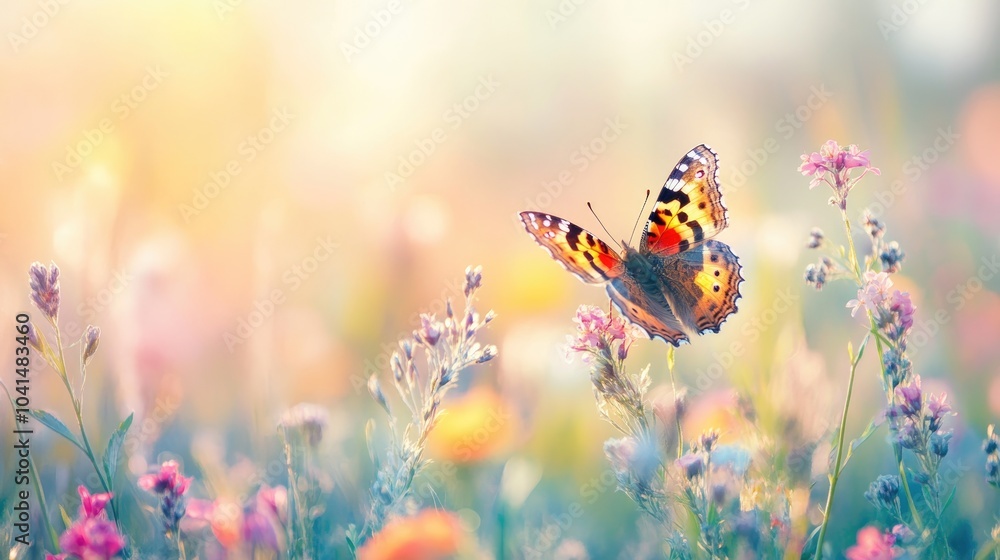 Poster butterfly in a vibrant meadow during spring soft focus background with ample space for text