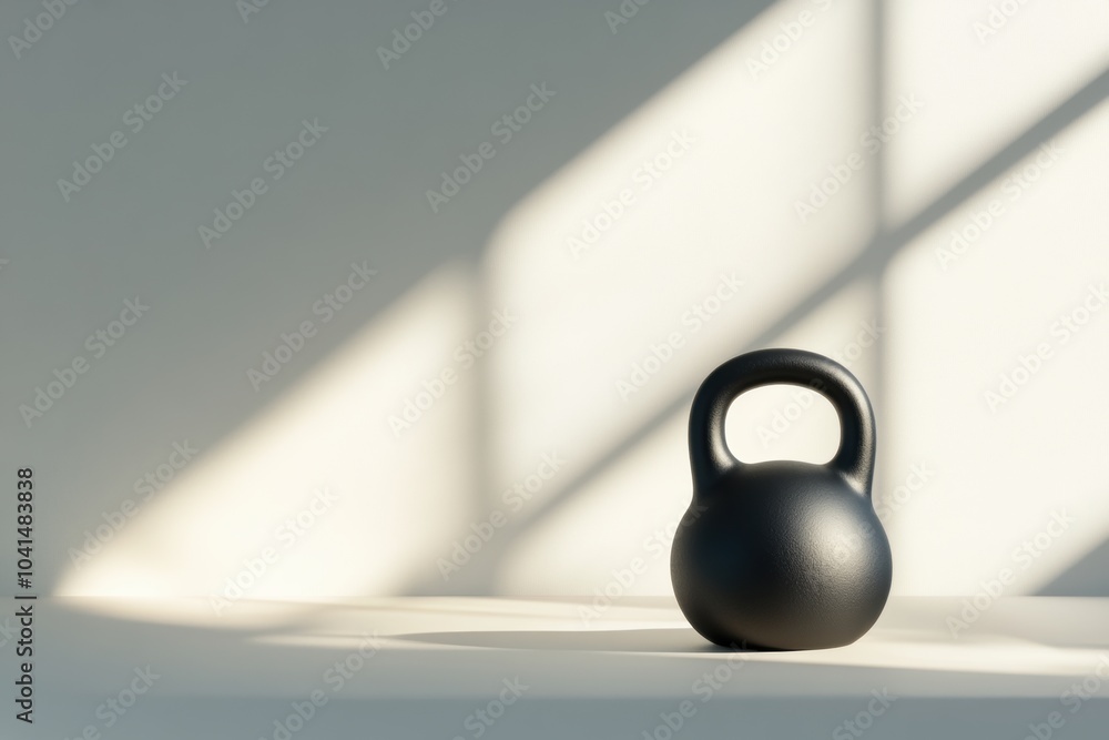 Poster A black kettlebell sits on a clean surface, basking in soft sunlight streaming through the window, highlighting its shape and design. Generative AI