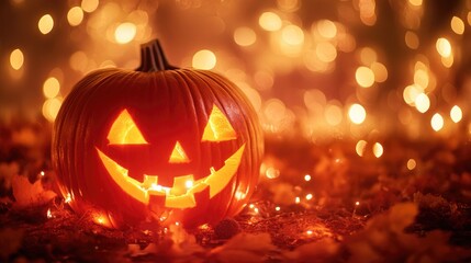 Fototapeta premium Glowing Halloween pumpkin illuminated by sparkling lights set against a blurred bokeh background