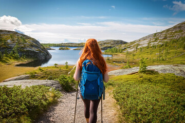 Naklejka premium woman hiker enjoying the serene Swedish landscape