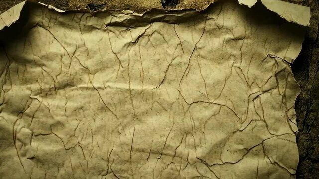 A close-up of a weathered, brown piece of paper, showing its texture and creases