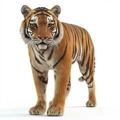Obraz premium tiger standing confidently on white background, showcasing its striking orange and black stripes. This majestic animal exudes strength and grace