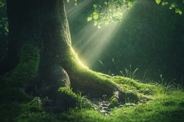 Fototapeta premium A tree with deep roots in the forest, a moss-covered trunk and green grass around it. A green background with sun rays shining through the leaves.