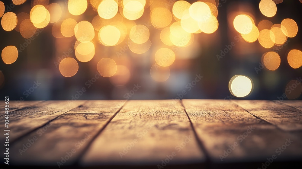 Poster a focus on a bare wooden tabletop paired with a soft bokeh light effect creating an inviting and war