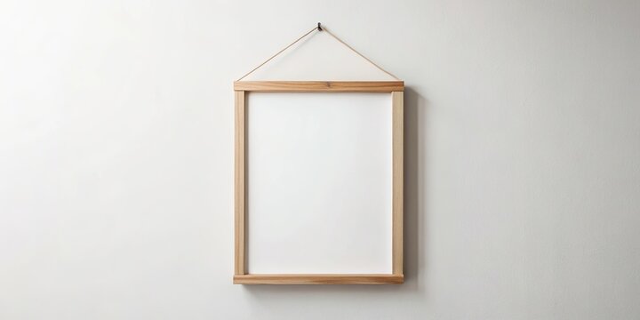 A simple wooden frame hangs from a single hook against a plain white wall, its empty canvas waiting for a new story to be told.