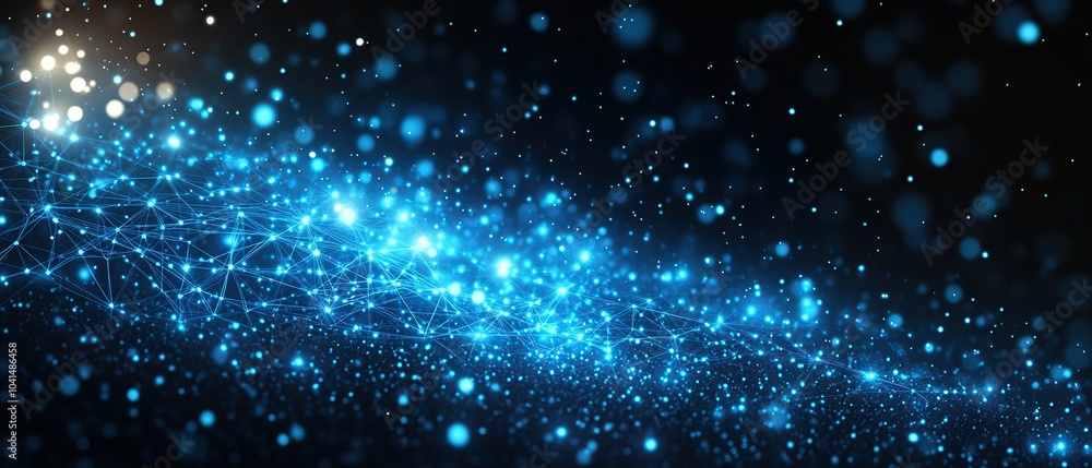 Poster abstract background with glowing blue dots and lines, resembling a network or connection.