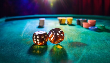 The moment before a dice rolling from a table comes to a stop