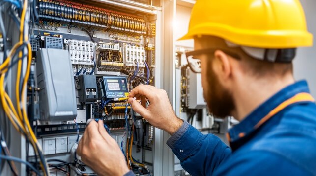 Electrician engineer testing electrical installations and wires within a relay protection system, ensuring optimal performance and safety in electrical engineering processes and practices