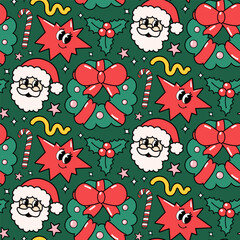 Christmas and Happy New Year seamless groovy pattern. Santa Claus, festive wreath, lollipop, candy, star, holy berry in cartoon style. Vector illustration for textile, wallpaper, wrapping paper