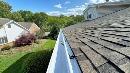 View of newly installed white aluminum seamless gutters on a residential house with an addition and new architectural shingles, showcasing modern home improvement, effective water drainage solutions