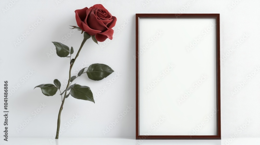 Poster mockup of a picture frame adorned with a rose on a clean white desk offering ample space for text an