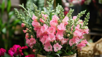 Fototapeta premium A stunning arrangement of vibrant pink snapdragon blooms featuring delicate petals alongside rich green foliage