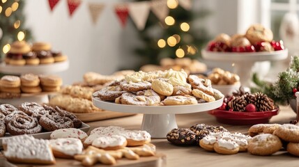 Variety of cookies and assorted foods arranged on a table with a festive backdrop featuring a...