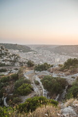 view of  the town of Scicli in Sicily at sunset