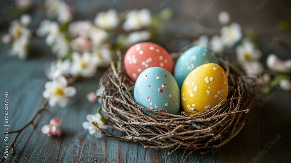 Poster colorful painted eggs nestled in a twig nest showcasing a close up view on a wooden table adorned wi