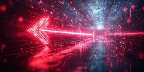 Fototapeta premium A Neon Red Arrow Points Through a Glittering Cyberspace Tunnel