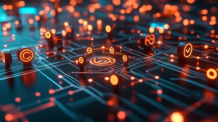 Futuristic Digital Circuit with Glowing Icons