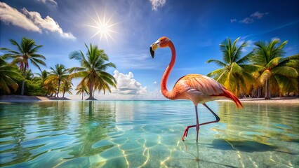 Obraz premium A solitary flamingo wades through the crystal-clear turquoise waters of a tropical lagoon, surrounded by swaying palm trees and a brilliant blue sky.