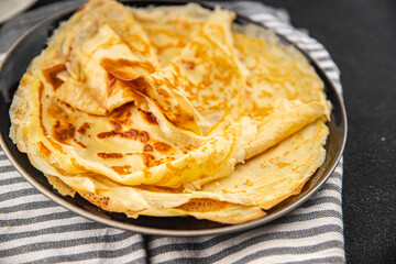 Crepe pancake sweet breakfast or dessert tasty food dish Fresh delicious gourmet food background on the table rustic food top view copy space top view