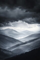 Black and white style of mountains, misty and dark, with high contrast.