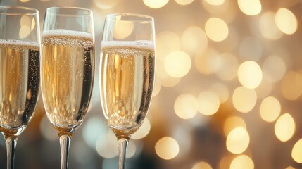 Champagne glasses on a festive table with a shimmering bokeh backdrop A celebration banner featuring sparkling wine