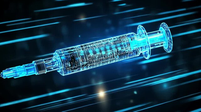 A digital rendering of a syringe is shown against a dark blue background with streaks of light