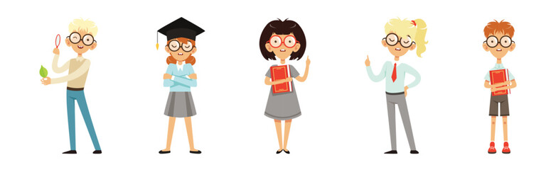 Smart Kid Nerd with Book in Glasses Vector Set
